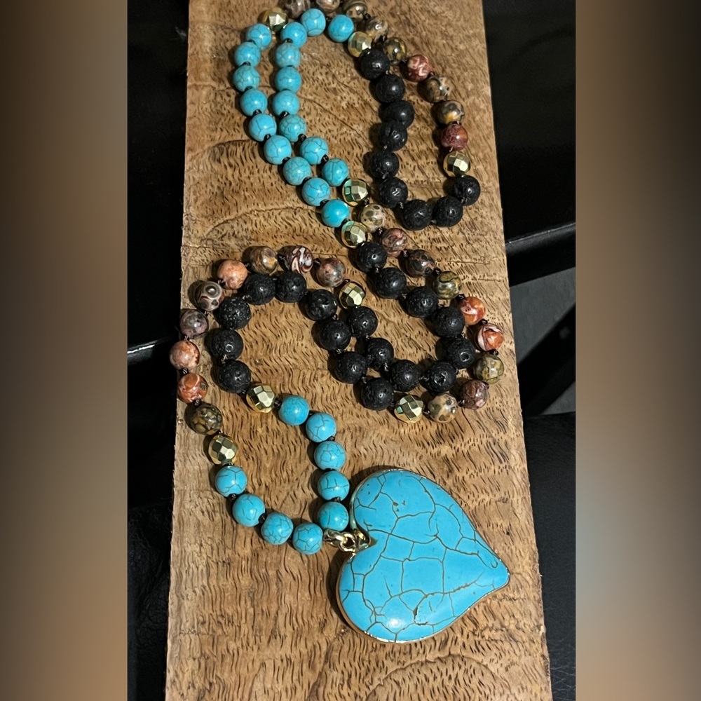 Long Beaded Necklace Blue/brown 36”